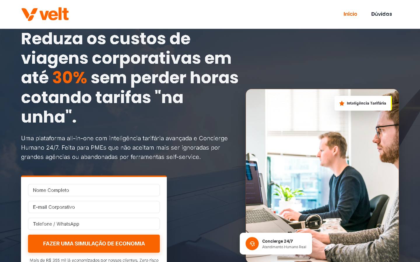 Landing page da Velt, viagens corporativas